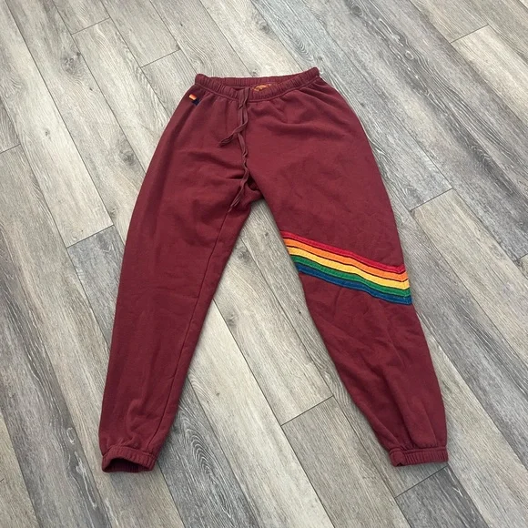 Aviator Nation Maroon Joggers with Rainbow Side Stripe - Picture 2 of 2